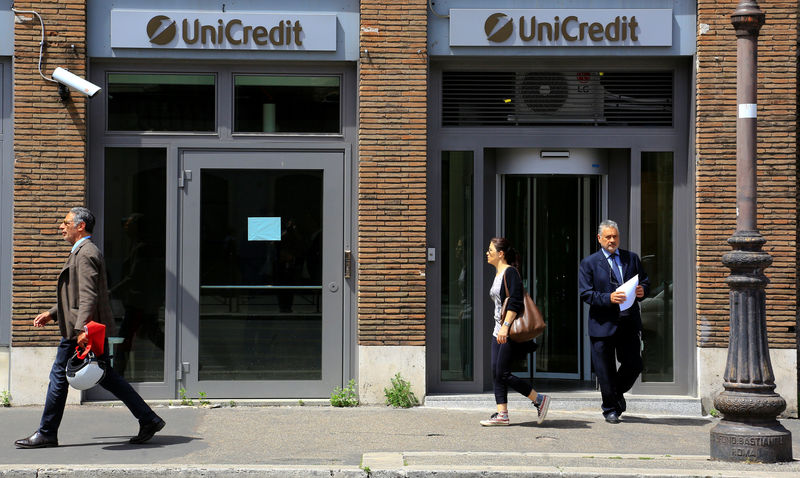 © Reuters. People walk past a UniCredit bank in downtown Rome