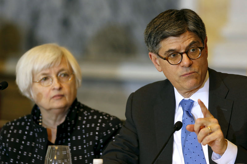 © Reuters. U.S. Treasury Secretary Lew delivers remarks next to Federal Reserve Board Chair Yellen atFinancial Security Oversight Committee hearing at Treasury Department in Washington