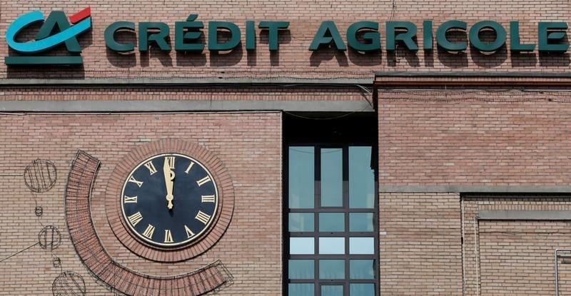 © Reuters. Logo of Credit Agricole Bank is seen on bank's headquarters in Kiev