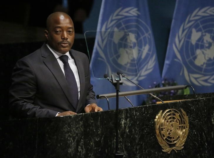 © Reuters. Congo President Kabila delivers his remarks at the Paris Agreement signing ceremony on climate change at the United Nations Headquarters in New York