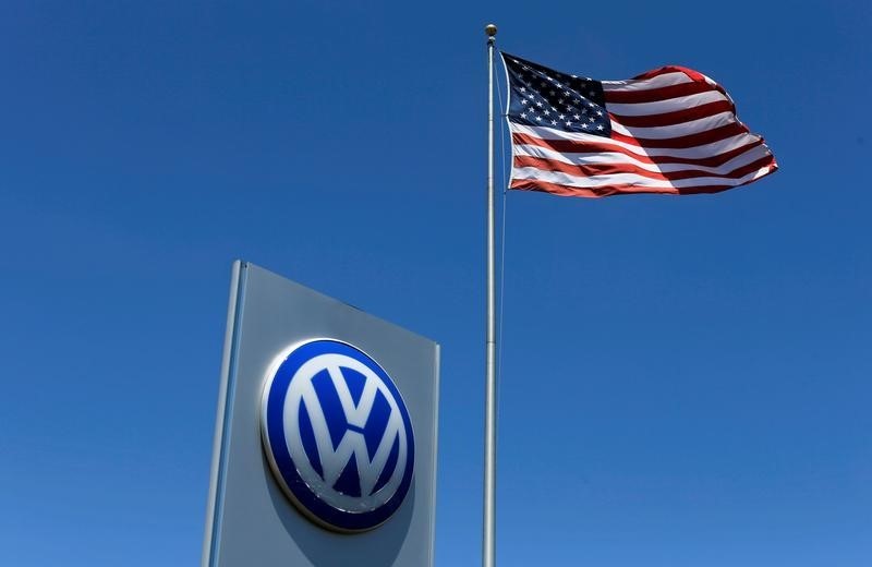 © Reuters. A U.S. flag flutters in the wind above a Volkswagen dealership in Carlsbad, California 