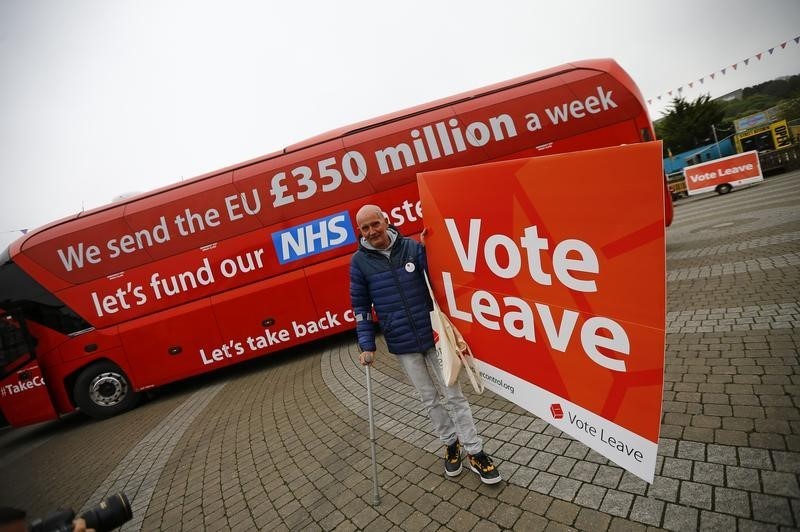 © Reuters. A man holds a sign at the launch of the Vote Leave bus campaign, in favour of Britain leaving the European Union, in Truro