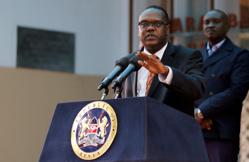 © Reuters. Kenya's Sports Minister Wario addresses a news conference on the World Anti-Doping Agency recommendations that judged Kenya as non-compliant with the WADA code; in the capital Nairobi