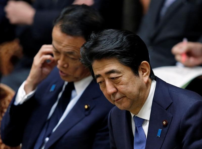 © Reuters. Japan's PM Abe and DPM and Finance Minister Aso attend a lower house budget committee session at the parliament in Tokyo