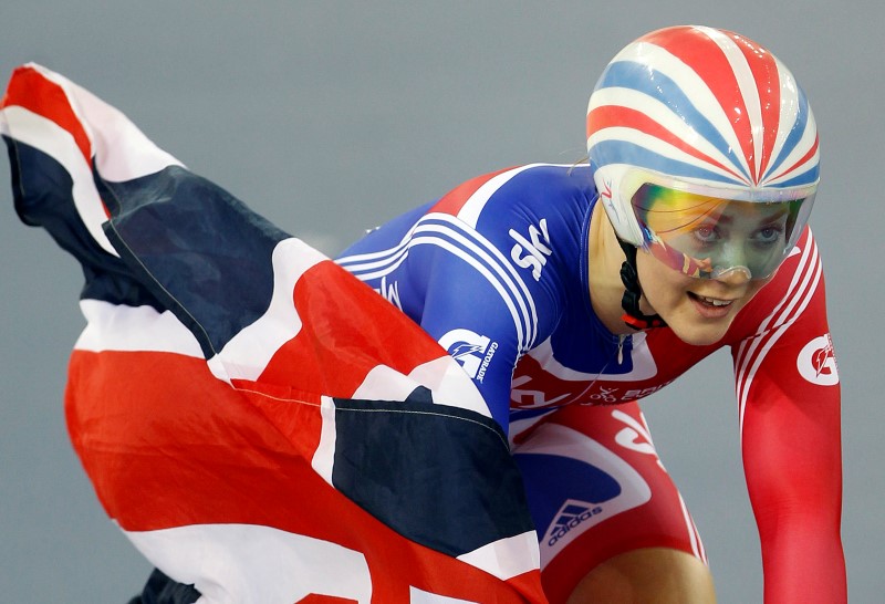 © Reuters. Team Britain cyclist Jess Varnish celebrates winning the Gold Medal in the Women's Team Sprint Final with Victoria Pendleton at the UCI Track Cycling World Cup at the Olympic Velodrome in London