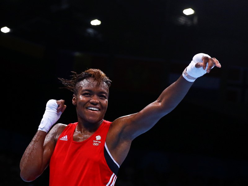 © Reuters. Adams of Britain reacts after winning her 51kg women's Fly weight boxing final fight at the 1st European Games in Baku