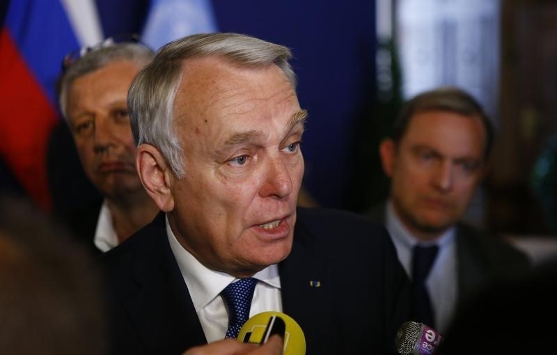 © Reuters. French Foreign Minister Ayrault speaks to the media in Vienna