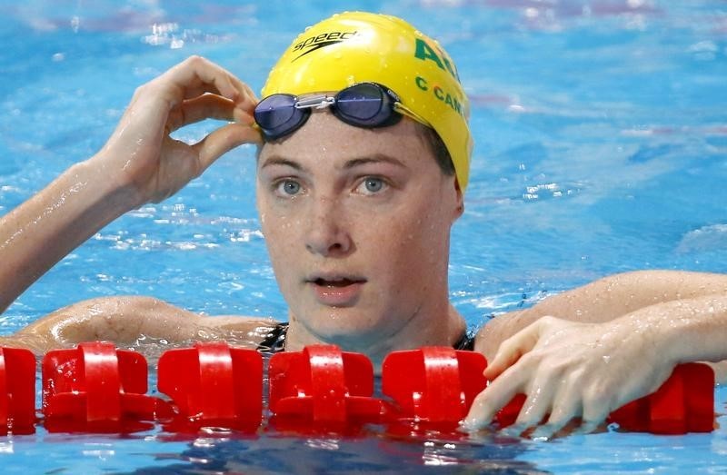 © Reuters. Australia's Cate Campbell reacts after women's 100m freestyle semi-final at Aquatics World Championships in Kazan