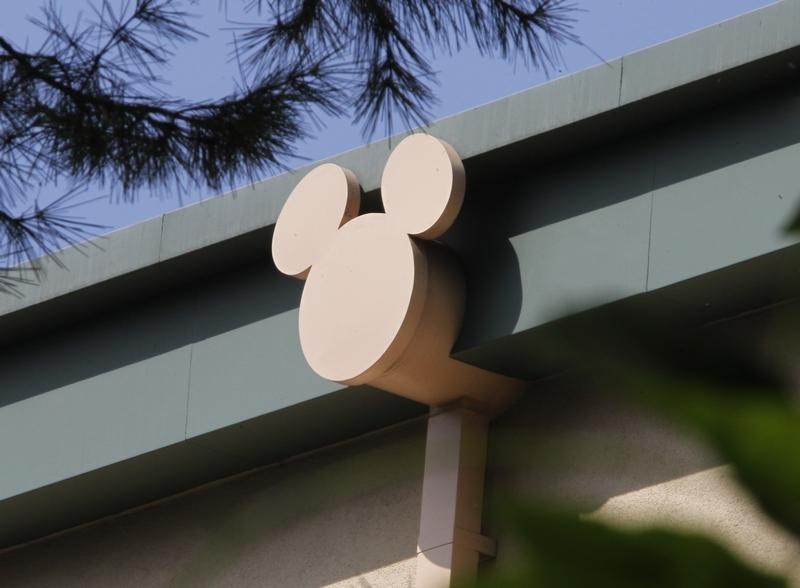 © Reuters. A rain spout stylized with the outline of Disney character Mickey Mouse is seen on a building at The Walt Disney Co. studios in Burbank