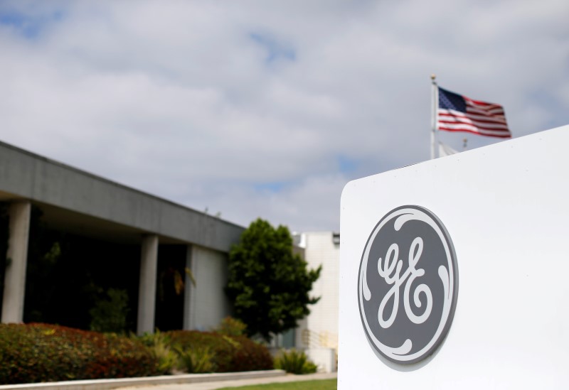 © Reuters. The logo of Dow Jones Industrial Average stock market index listed company General Electric 
