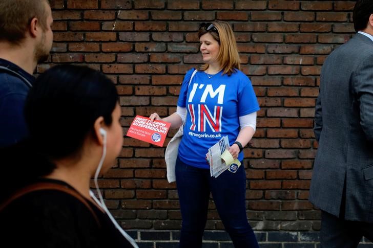 © Reuters. A woman hands out leaflets to stay in Europe, in London