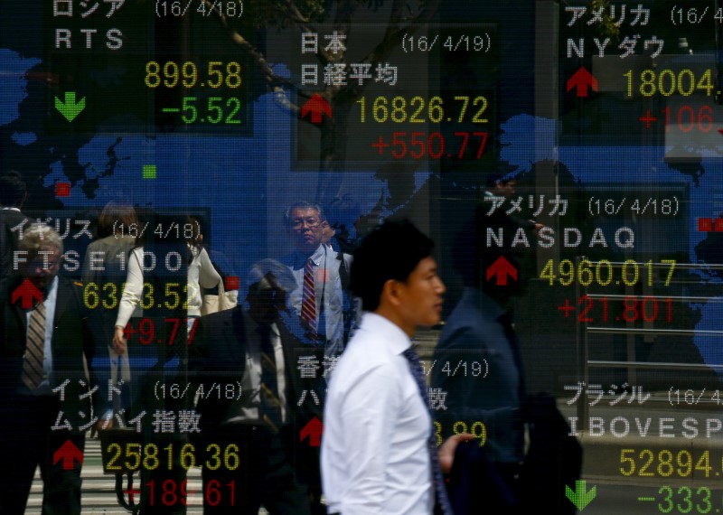© Reuters. A man walks past a display of the Nikkei average and other market indices outside a brokerage in Tokyo