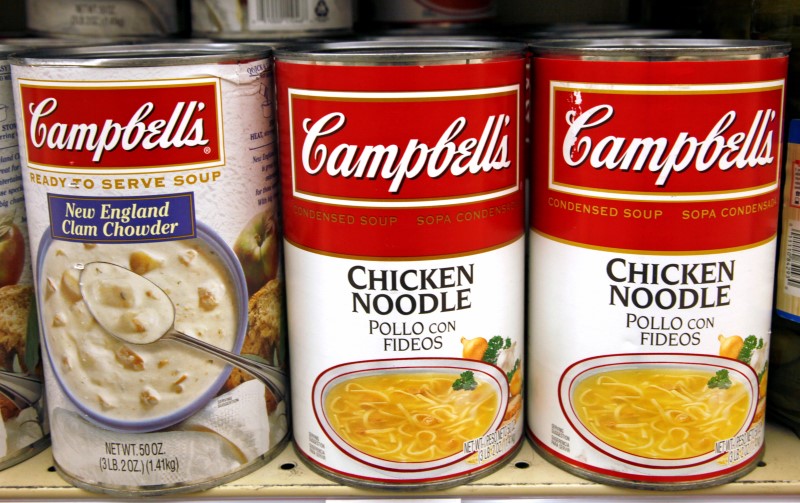 © Reuters. Cans of Campbell's soup line the shelves at a local grocery store in Golden