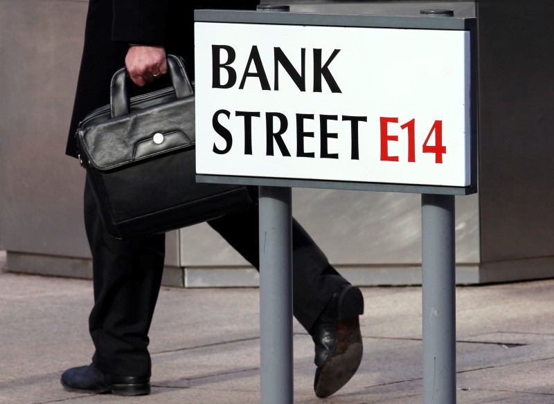 © Reuters. A worker passes a sign for Bank Street in the Canary Wharf financial district in London