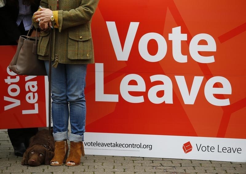 © Reuters. A supporter stands by a sign at the launch of the Vote Leave bus campaign, in favour of Britain leaving the European Union, in Truro