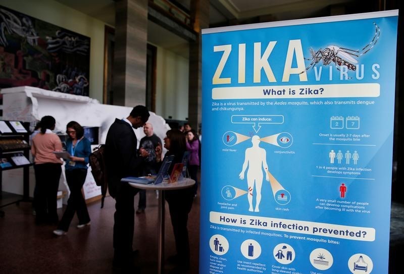 © Reuters. Material to prevent Zika infection by mosquitoes are displayed at the 68th World Health Assembly at the UN in Geneva