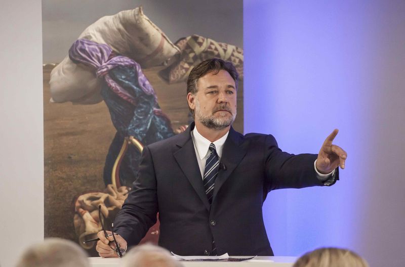 © Reuters. Ator australiano Russell Crowe durante evento do Índice de Escravidão Global, em Londres