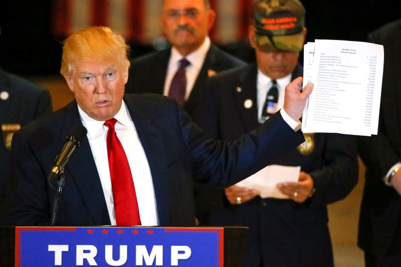 © Reuters. U.S. Republican presidential candidate Donald Trump holds paperwork during news conference in Manhattan, New York