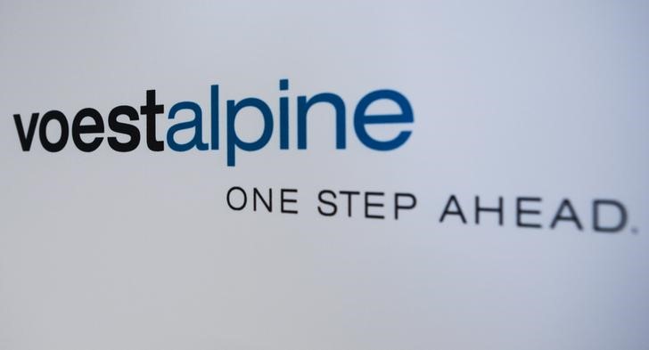 © Reuters. The company logo of Voestalpine is seen before a news conference in Vienna