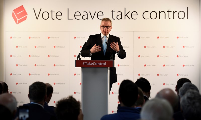 © Reuters. Britain's Secretary of State for Justice Michael Gove speaks at a Vote Leave rally in London