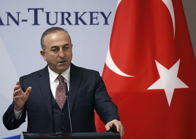 © Reuters. Turkey's Foreign Minister Mevlut Cavusoglu speaks during a news briefing in Tbilisi