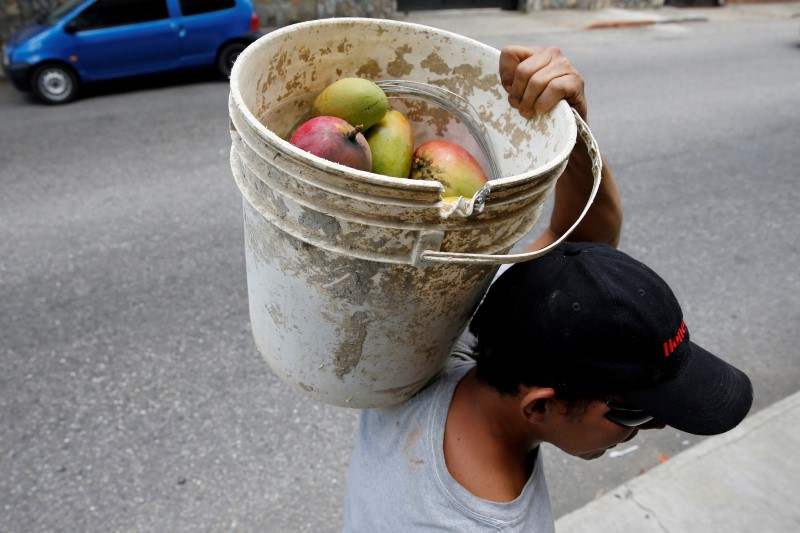 © Reuters. A man carries a bucket full of mangoes in Caracas