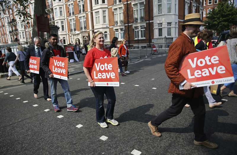 © Reuters. Supporter holding banners cross the road during a Vote Leave event outside the Chelsea Flower Show in London