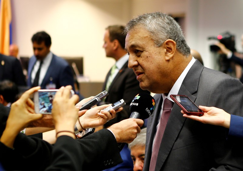 © Reuters. Venezuela's Oil Minister del Pino talks to journalists before a meeting of OPEC oil ministers in Vienna