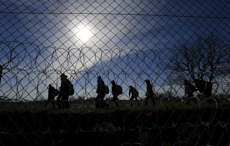 © Reuters. Migrants walk along Hungary's border fence on the Serbian side of the border near Morahalom