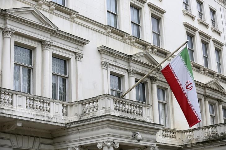 © Reuters. The Iranian national flag flies outside the Iranian embassy in central London