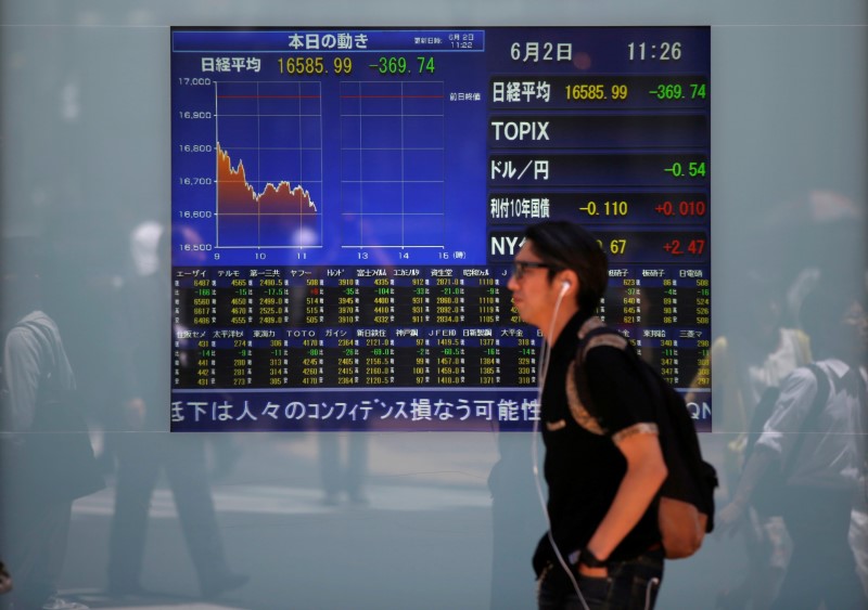 © Reuters. A man walks in front of a screen showing today's movements of Nikkei share average outside a brokerage in Tokyo, Japan