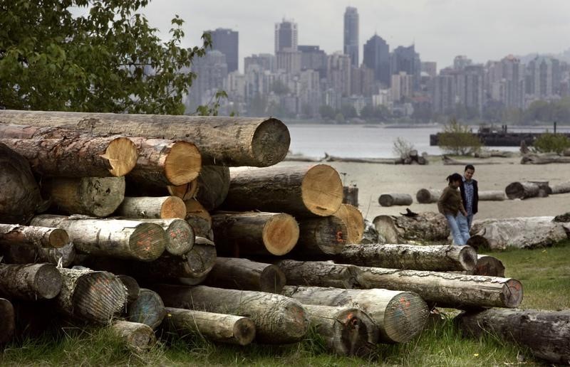 © Reuters. Logs sit piled on a Vancouver beach