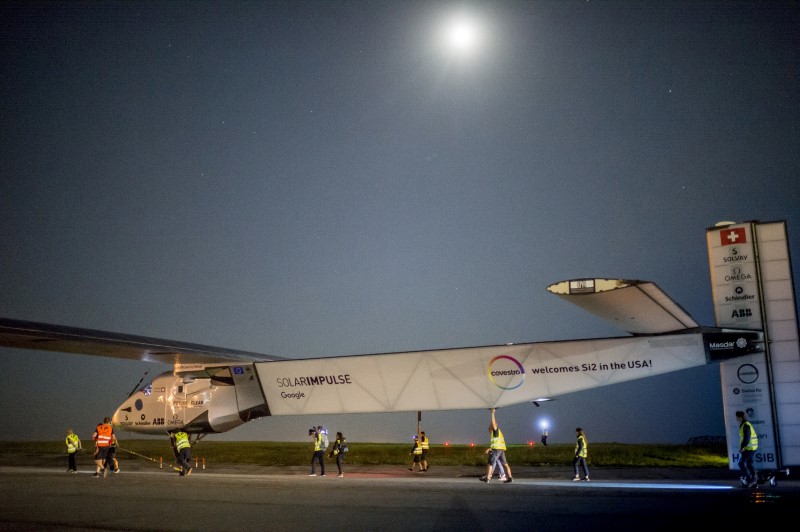 © Reuters. Solar Impulse 2 is pictured before taking off from at John F. Kennedy International Airport in New York