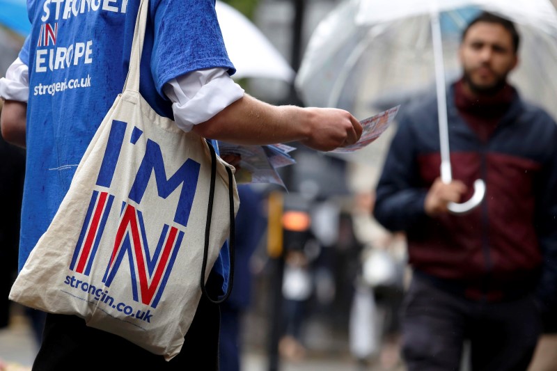 © Reuters. A supporter of the "Britain Stronger IN Europe" campaigns in the lead up to the EU referendum at Holborn in London, Britain