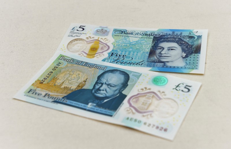 © Reuters. The new polymer 5 pound Sterling note featuring Sir Winston Churchill, is unveiled at Blenheim Palace in Oxfordshire