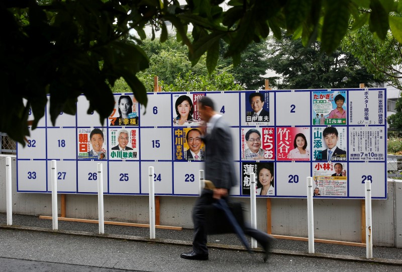 © Reuters. A man walks past campaign posters of candidates of the July 10 upper house election in Tokyo