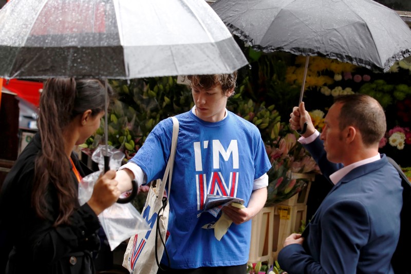 © Reuters. Student George Smith, a supporter of "Britain Stronger IN Europe", campaigns in the lead up to the Brexit referendum at Holborn in London, Britain