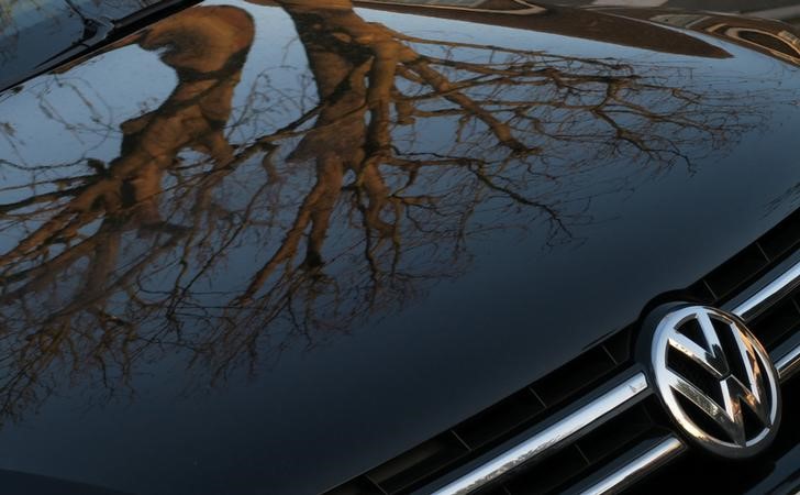 © Reuters. Trees are reflected on the bonnet of a Volkswagen car in the morning sunshine in London