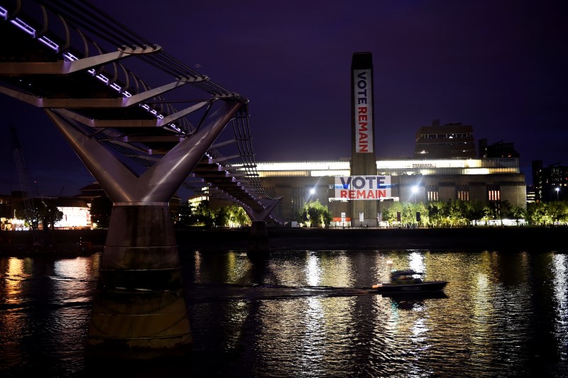 © Reuters. A police barge chugs up The Thames past a 'Vote Remain' projection onto the exterior of Tate Modern in London