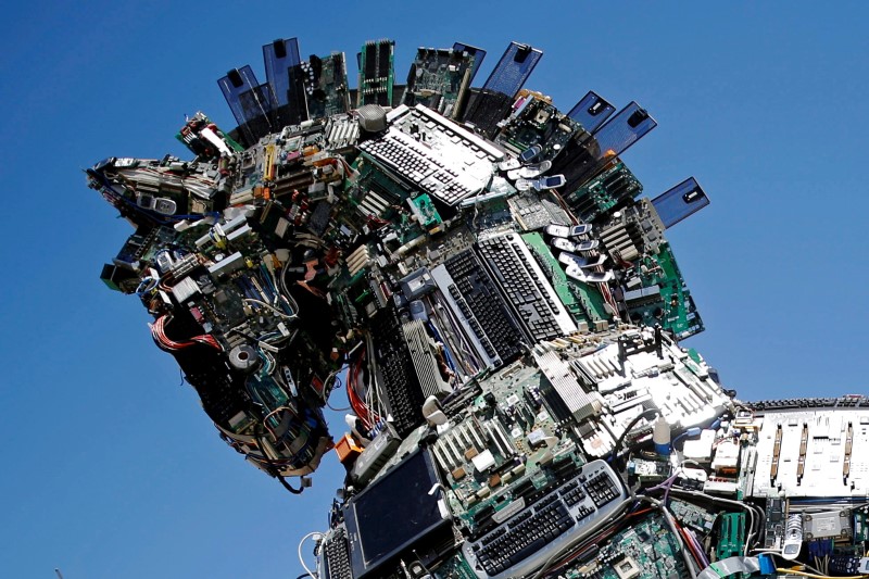 © Reuters. A close-up of the head of a "Cyber Horse", made from thousands of infected computer and cell phone bits, is seen on display at the entrance to the annual Cyberweek conference at Tel Aviv University