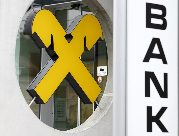 © Reuters. The Raiffeisen logo is pictured at a regional branch office in Bockfliess