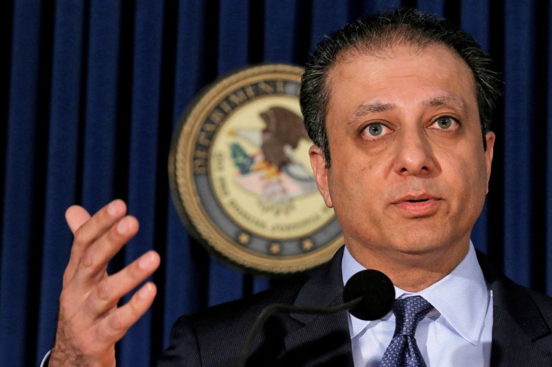 © Reuters. Preet Bharara, U.S. Attorney for the Southern District of New York, speaks during a news conference in New York