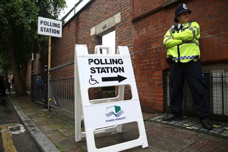 © Reuters. A policeman stands outside a polling station in Tower Hamlets in London