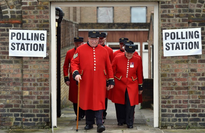 © Reuters. Chelsea Pensioners leave after voting in the EU referendum, at a polling station in Chelsea in London