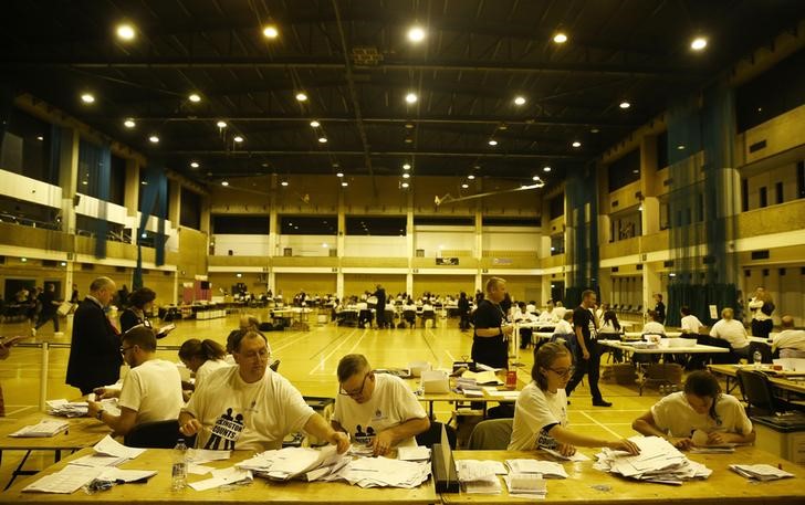 © Reuters. Trabalhadores começam a contagem dos votos no referendo britânico sobre a permanência da UE após as urnas serem fechadas, em Islington, Londres