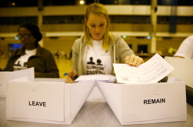 © Reuters. A workers counts ballots after polling stations closed in the Referendum on the European Union in Islington, London