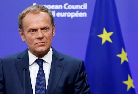 © Reuters. EU Council President Tusk briefs the media after Britain voted to leave the bloc, in Brussels