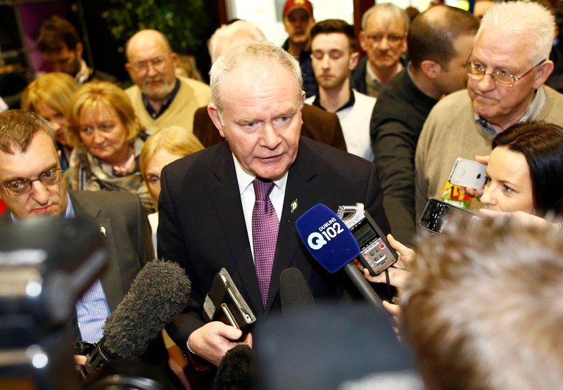 © Reuters. Sinn Fein politician and Northern Ireland's Deputy First Minister Martin McGuinness attends a general election count at the Royal Dublin Society centre in Dublin