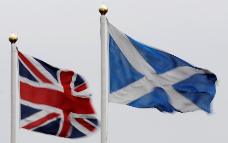 © Reuters. The Union flag and Saltire are seen flying side by side at Bankfoot in Perthshire ,Scotland