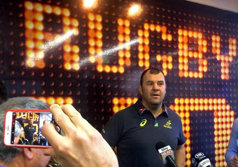 © Reuters. Australian Wallabies coach Michael Cheika prepares to speak to the media after naming a 39-man training squad for the three tests against England at the Australian Rugby Union headquarters in Sydney, Australia